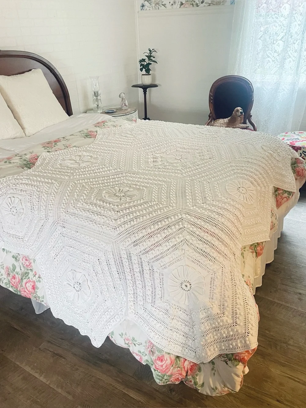 Vintage Afghan Crochet Popcorn Raised Floral White Cotton Handmade 52x104